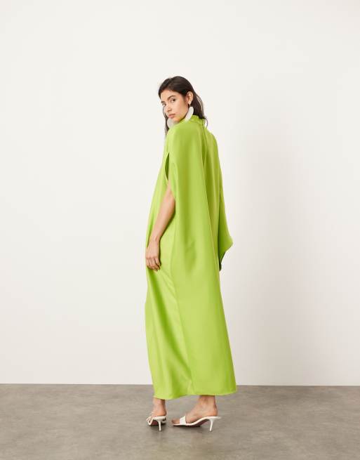 ASOS EDITION high neck cape sleeve mini dress with asymmetric hem in lime green ASOS