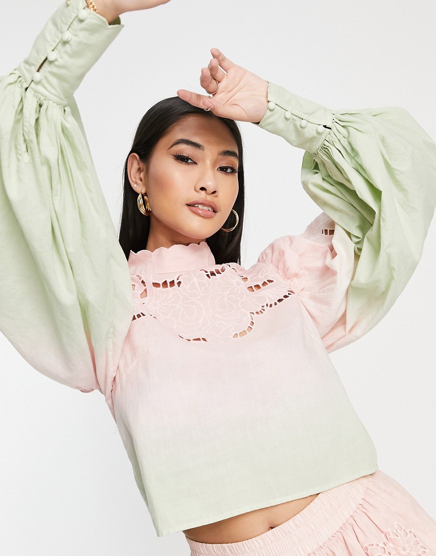 ASOS EDITION high neck cutwork embroidered top in ombre-Multi