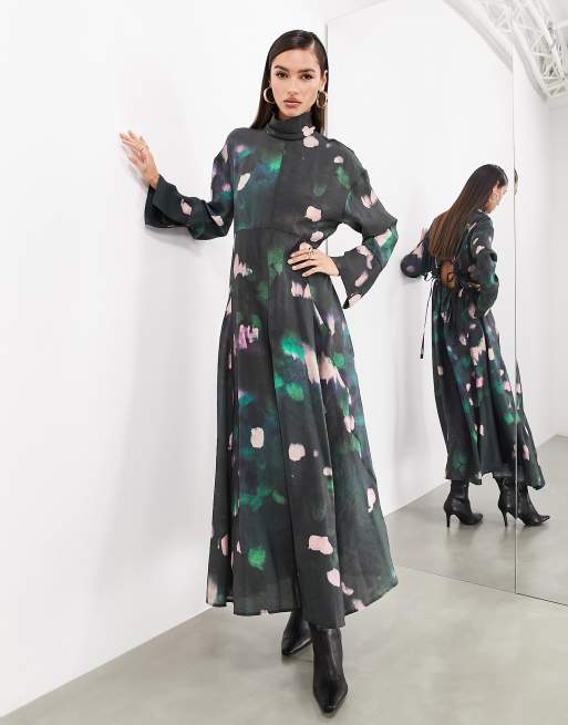 High neck long hot sale sleeve floral dress