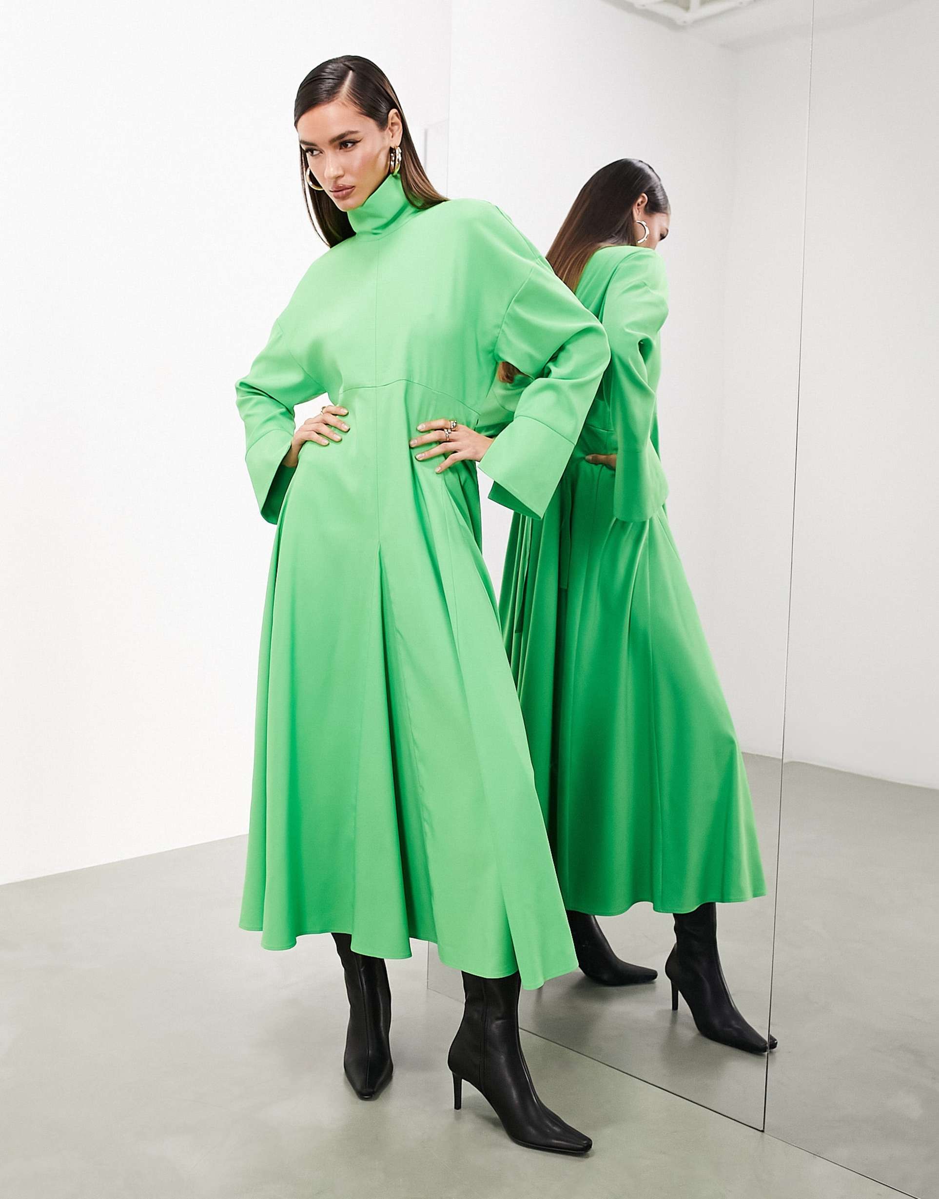 asos edition high neck long sleeve ruched back detail dress in bright green