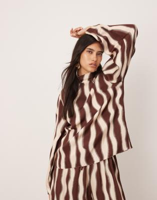 high neck oversized top in chocolate wavy print - part of a set-Multi