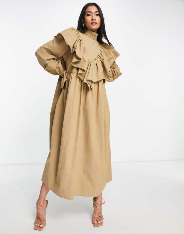 ASOS EDITION high neck ruffle midi dress with oversized cuff in taupe