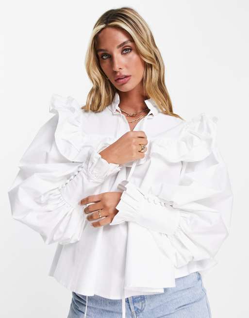 ASOS EDITION broderie ruffle collar top in white