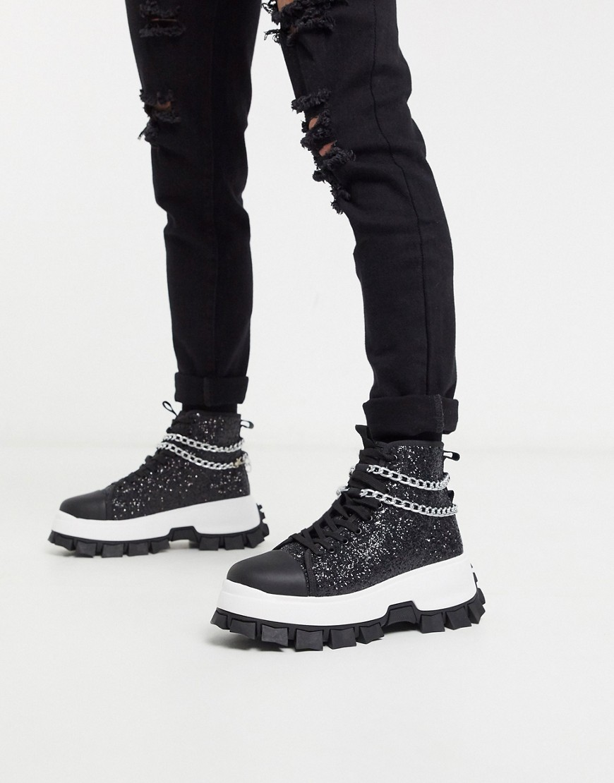ASOS EDITION high top trainers in black glitter with chain detail and cleated sole