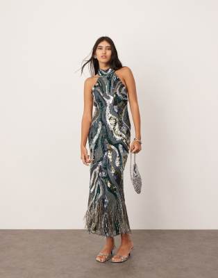 ASOS EDITION - Hochgeschlossenes Maxikleid in Dunkelblau mit verziertem Wirbelmuster und Fransenbesatz-Bunt