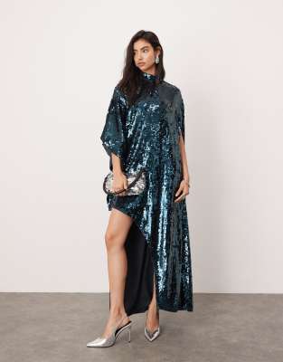 ASOS EDITION - Hochgeschlossenes Pailletten-Minikleid in Dunkelblau mit asymmetrischem Saum und Cape-Ärmeln