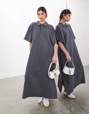 ASOS EDITION - Hochwertiges Jersey-Maxikleid in Anthrazit mit Polokragen-Grau