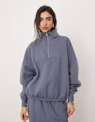 ASOS EDITION - Hochwertiges, schweres Oversize-Sweatshirt in Schieferblau mit kurzem Reißverschluss