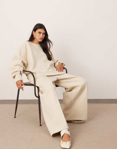 ASOS EDITION – Hochwertiges, schweres Set in Hellbeige mit Ziernaht aus Sweatshirt und weit geschnittener Jogginghose - view 1