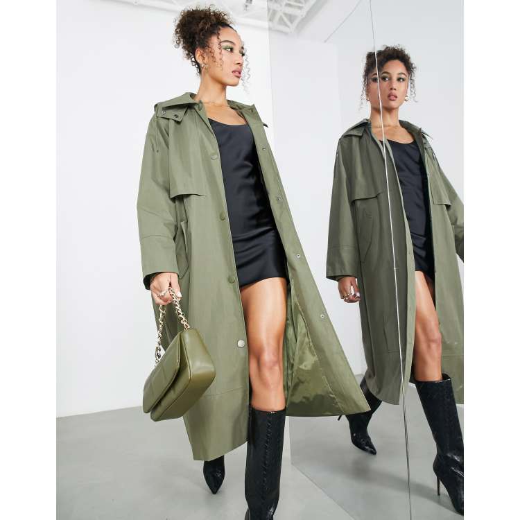 Khaki Premium Woven Hooded Oversized Trench Coat