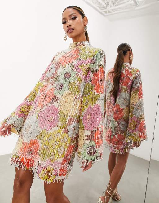 ASOS EDITION Hoogsluitende mini jurk met lovertjes franjes en felgekleurde bloemenprint