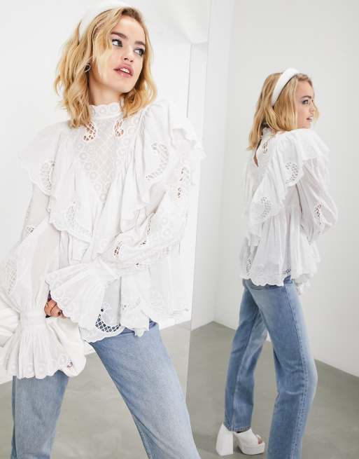 ASOS EDITION - Hvid bomuldsbluse med broderier og flæser
