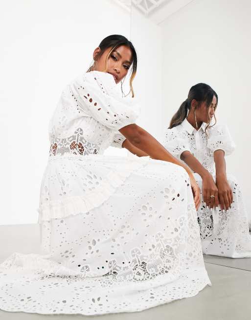 ASOS EDITION - Hvid midi-skjortekjole med pufærmer og broderi, 4 af 4