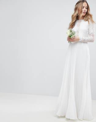 asos edition long sleeve lace bodice maxi wedding dress with pleated skirt