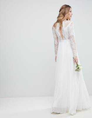 asos edition long sleeve lace bodice maxi wedding dress with pleated skirt