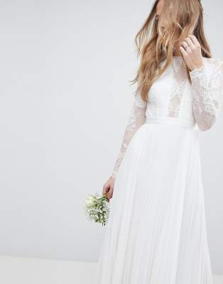 asos edition long sleeve lace bodice maxi wedding dress with pleated skirt