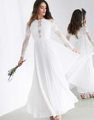 asos edition long sleeve lace bodice maxi wedding dress with pleated skirt