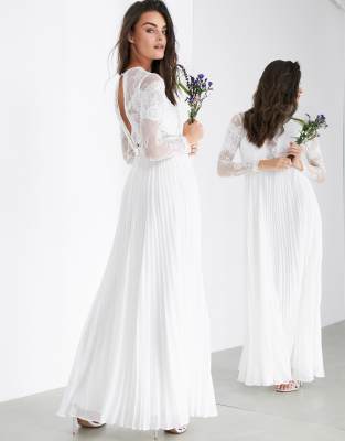 asos edition long sleeve lace bodice maxi wedding dress with pleated skirt