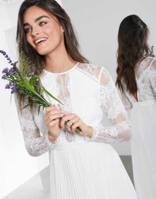 asos edition long sleeve lace bodice maxi wedding dress with pleated skirt