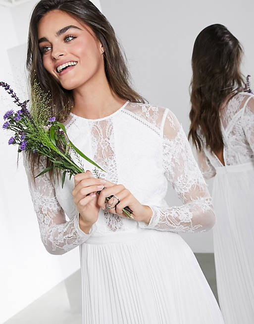 Embroidery Floral White Lace Long Sleeve Floor Length Pleated Dress Wedding Gown 
