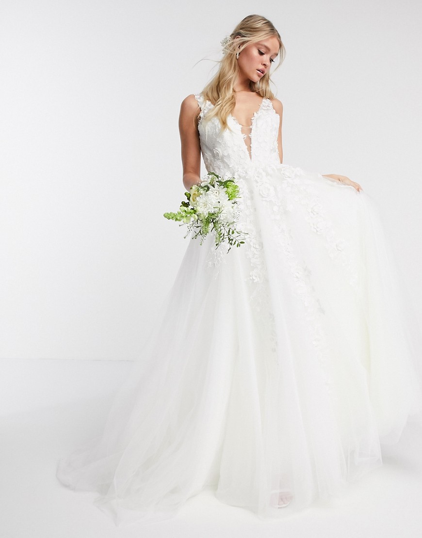 ASOS EDITION Isabella wedding dress with plunge and 3D floral embroidery-White