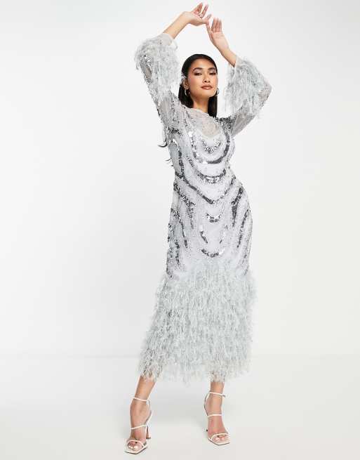 ASOS EDITION - Isblå cami-minikjole med pailletter og fjerkant