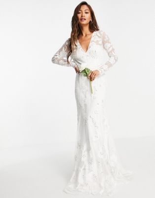 ASOS EDITION Ivy plunge wedding dress with long sleeve in floral embellishment