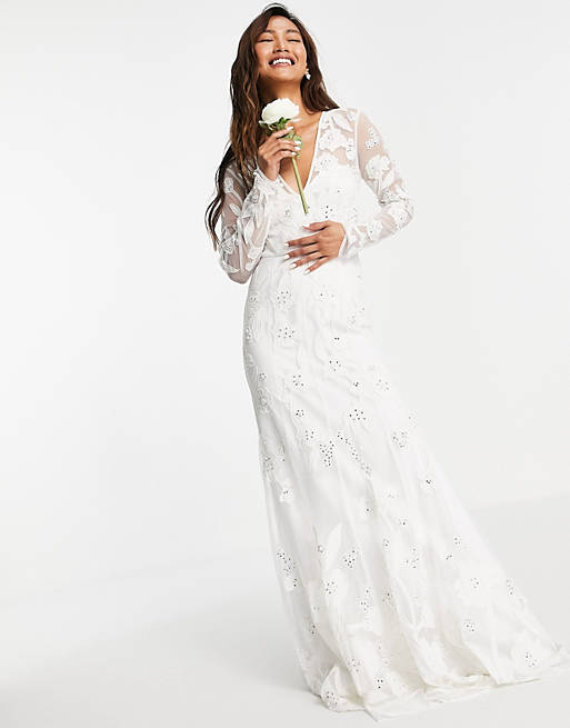 Dresses Ivy plunge wedding dress with long sleeve in floral embellishment 