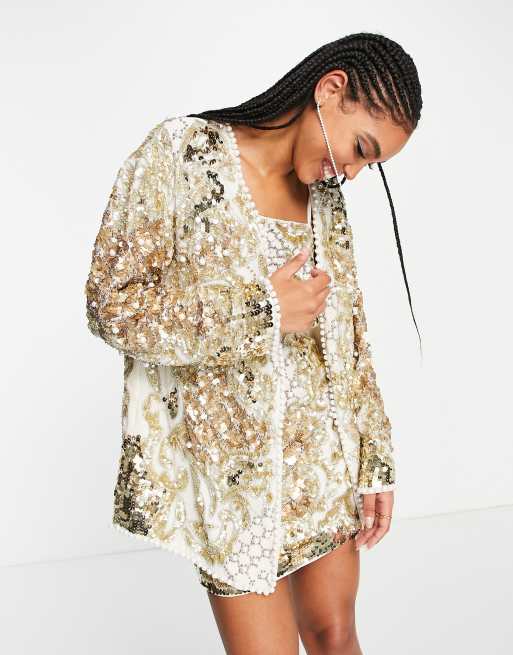 ASOS EDITION - Jack met pareltjes, camibandjes en ruitmotief in goud