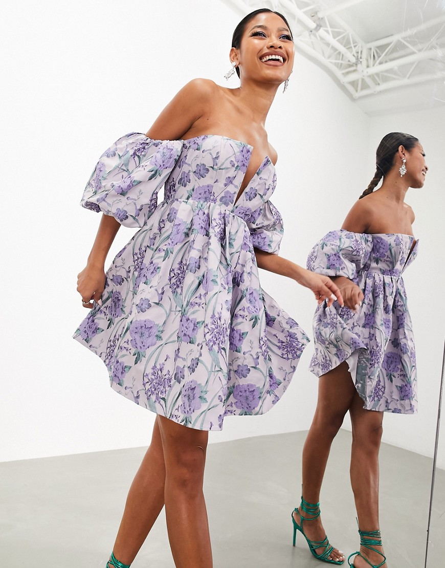 ASOS EDITION jacquard bardot volume sleeve mini dress in purple floral print-Multi