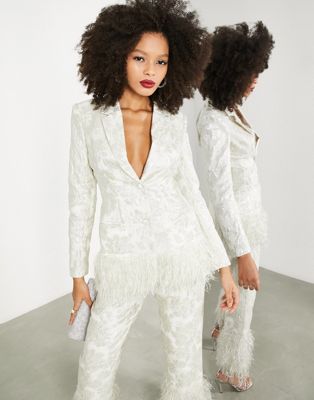 ASOS EDITION jacquard blazer with faux feather trim in ivory