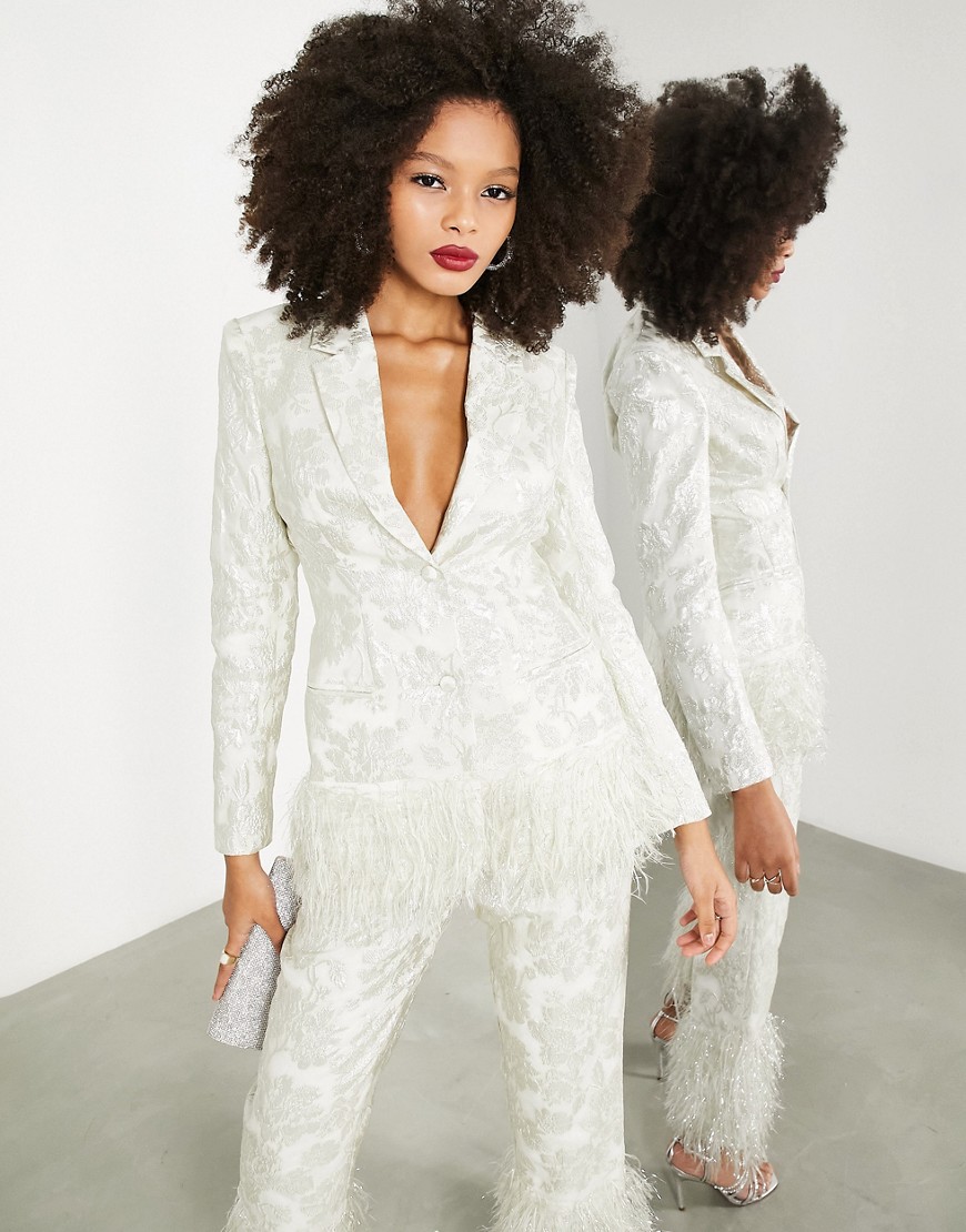 ASOS EDITION jacquard blazer with faux feather trim in ivory-White