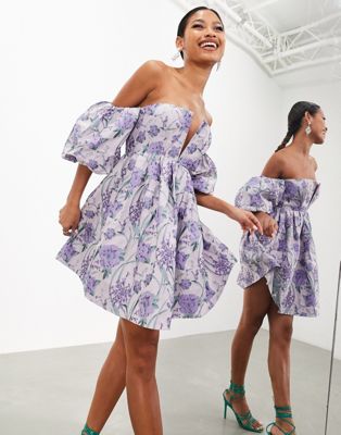 ASOS EDITION jacquard bardot volume sleeve mini dress in purple floral print - ASOS Price Checker