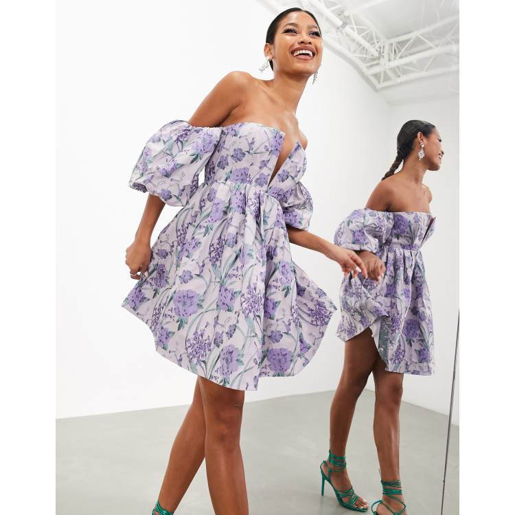 Metallic Floral Print Jacquard Gown With Off The Shoulder Neckline In