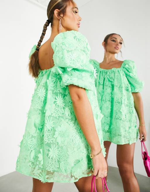 ASOS Edition – Jaskrawozielona sukienka mini w kwiatowy wzór 3D z bufkami