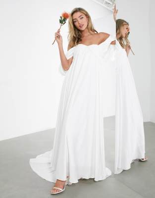 Asos Design Jasmine Ruched Bust Wedding Dress With Drape Sleevewhite