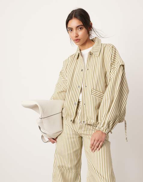 ASOS Edition – Jeansowa kurtka bomberka z kołnierzykiem w zielono-białe paski, część zestawu - view 1