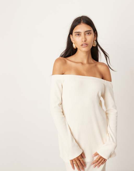 ASOS EDITION jersey bardot longline top with split hem in cream (part of a set)