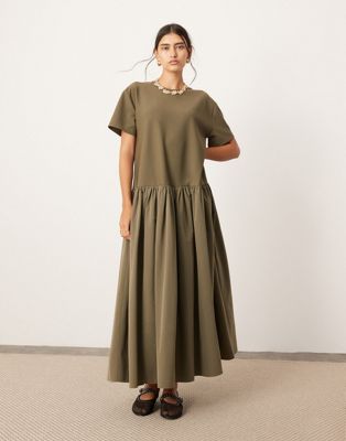 jersey contrast fabric T-shirt dress with drop waist in olive green