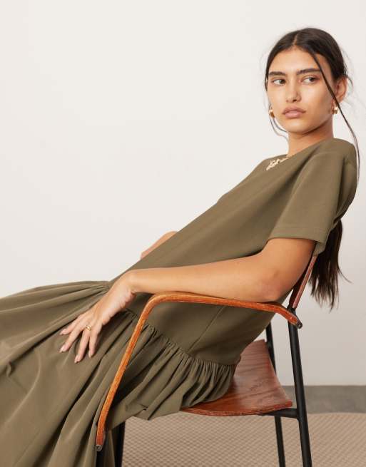 ASOS EDITION jersey contrast fabric T-shirt dress with drop waist in olive  green | ASOS