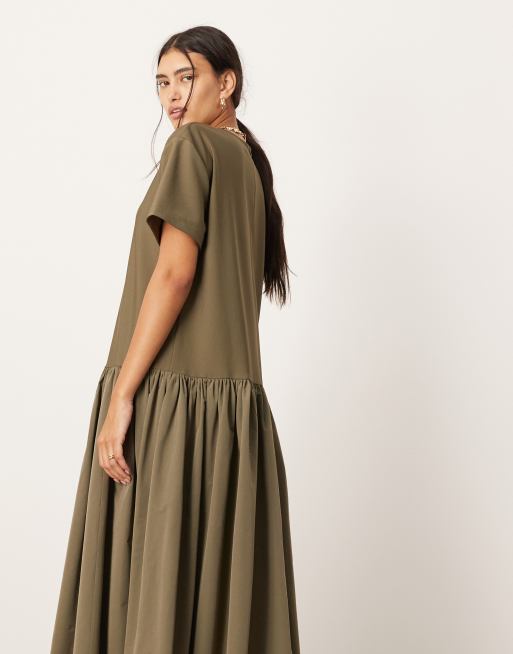 ASOS EDITION jersey contrast fabric T shirt dress with drop waist in olive green