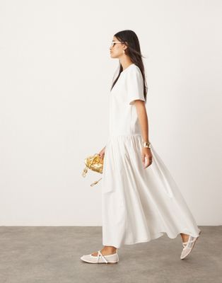 jersey contrast fabric T-shirt dress with drop waist in white