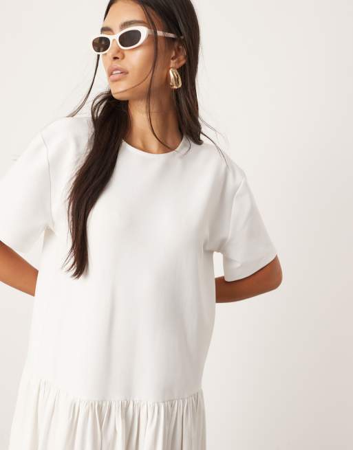 ASOS EDITION jersey contrast fabric t shirt dress with drop waist in white