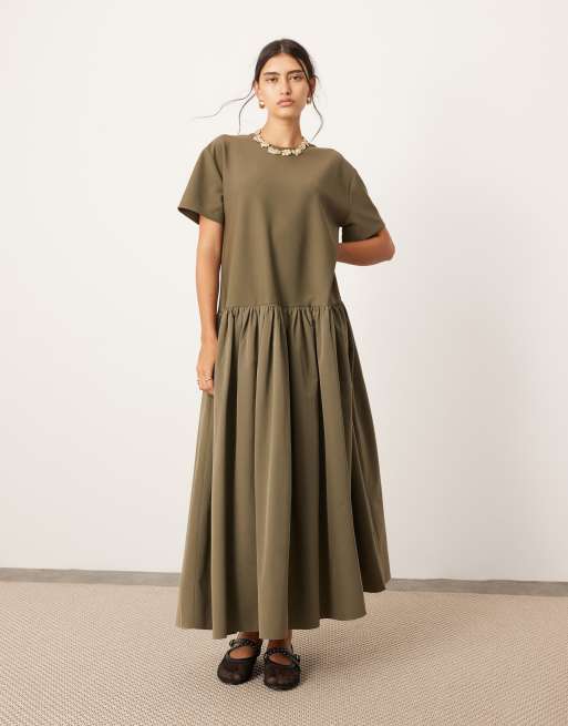 ASOS EDITION jersey contrast fabric tshirt dress with drop waist in olive green ASOS