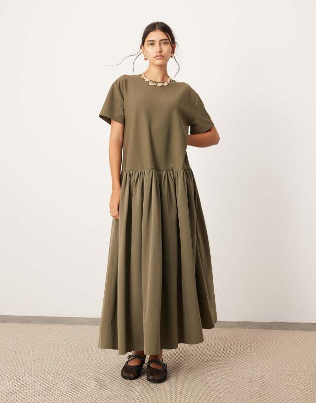 ASOS EDITION - jersey contrast fabric tshirt dress with drop waist in olive green