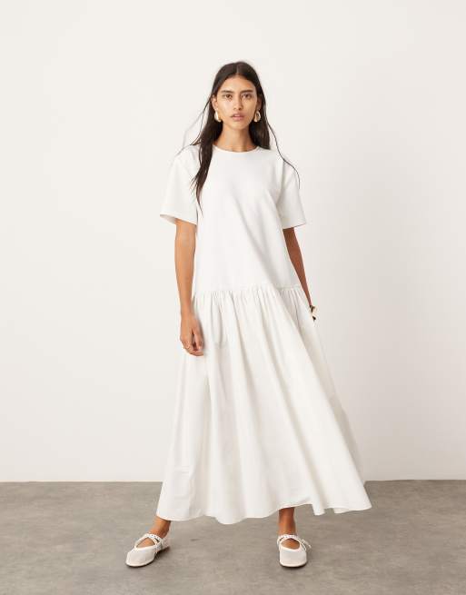 ASOS EDITION jersey contrast fabric tshirt dress with drop waist in white , 2 of 4