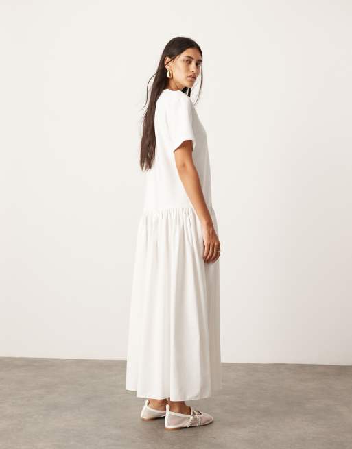 ASOS EDITION jersey contrast fabric tshirt dress with drop waist in white , 4 of 4