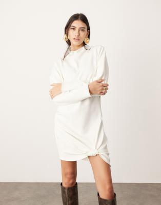 jersey crepe long sleeve knot detail mini dress in ivory-White