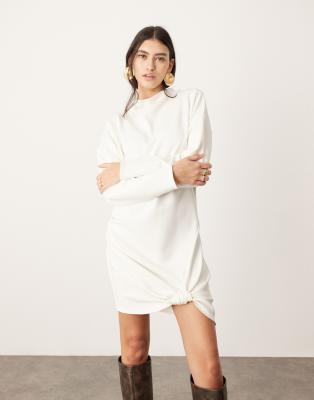 Asos Design Jersey Crepe Long Sleeve Knot Detail Mini Dress In Ivory-white