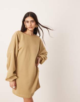 jersey crew neck mini dress with open back detail in khaki-Green